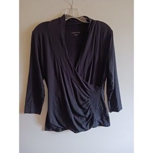 Coldwater Creek Faux Wrap Top Womens Size XS Black Long Sleeve V-Neckline